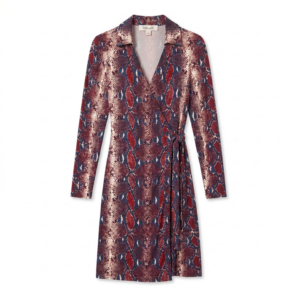 DVF Diane Von Furstenberg 100% Silk Python Print Wrap Dress | Burgundy | Size 10